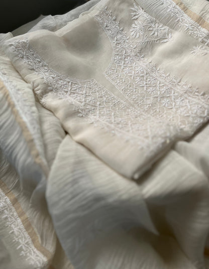 White Mul Chanderi Chikankari Suit Set