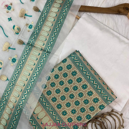 White Dark Green Banarasi Muslin Cotton Suit Set